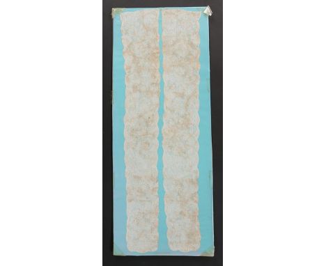 A pair of Valenciennes lappets, circa 1730-40, finely worked with scrolling exotic blooms and leaves, scalloped borders, moun