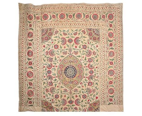 An Islamic Mughal silk-embroidered cotton summer carpet (kantha), Deccan or Gujarat, Indian, early 18th century, the linen gr