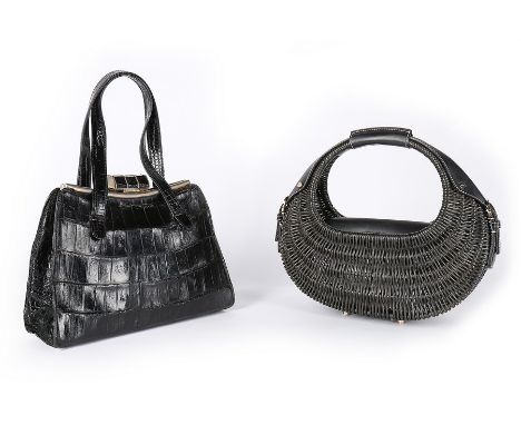 A group of interesting handbags, 10 including Ferragamo basket-form; a sporran; Christian Dior boutique brocade drawstring ba