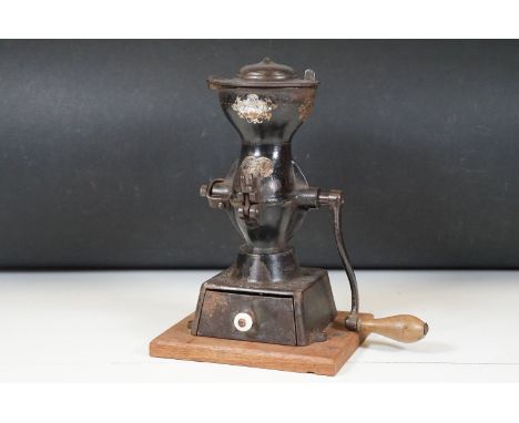 19th century American cast iron coffee grinder by ‘ The Enterprise M.F.G. Co of Philadelphia, U.S.A. ‘ with drawer, 31cm high