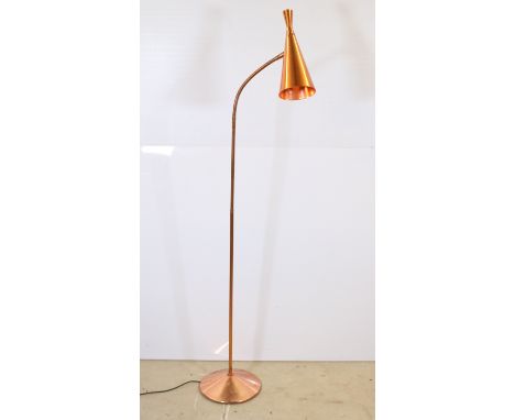 Mid century retro 1950’s copper floor lamp designed by G A Scott for Maclamp, with conical shade and goose neck, approximatel