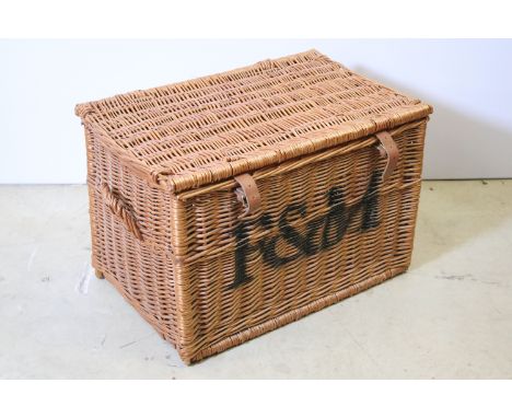 Large Fortnum &amp; Mason wicker picnic basket / hamper with leather fastenings, 40cm high x 57cm wide