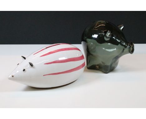 Mid century Cascade smokey glass piggy bank with original sticker label, 14cm high together with a mid century Italian potter