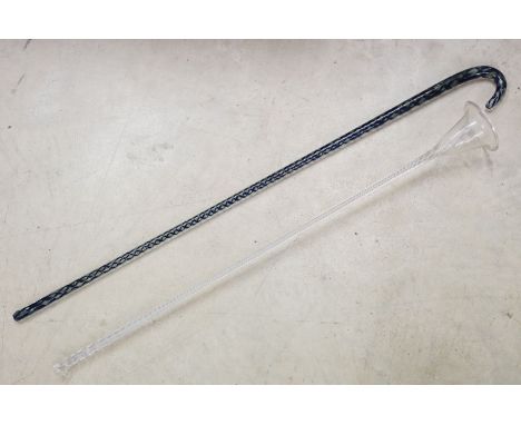 A Victorian full size Nailsea blue glass twist walking cane, Size; 98cm, together with a glass twist horn.