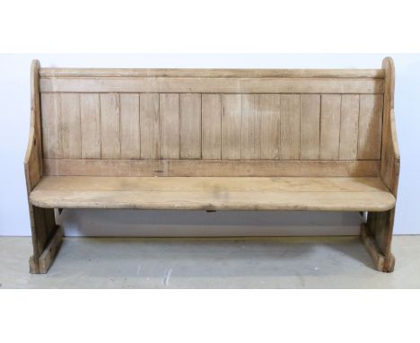 20th Century scrubbed pine pew having a slatted back 156cm wide x 90cm high x 47cm deep 
