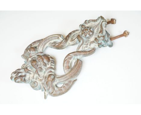 Victorian large cast iron door knocker, with lion head and scrolling decoration