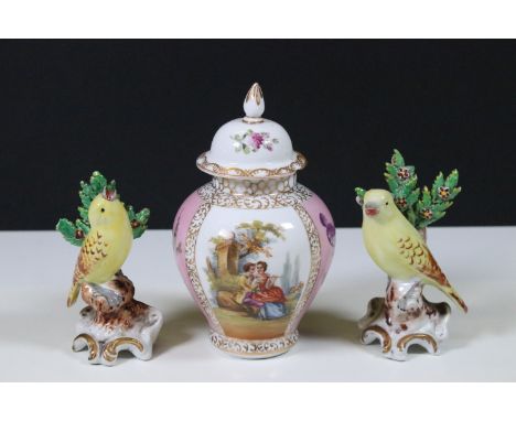 Pair of Continental ceramic bird figurines (Possibly Samson Paris Porcelain) and Continental pink lidded vase with figural, f