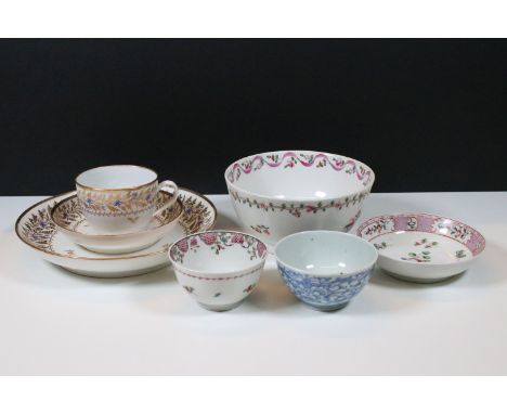 Six pieces of 18th Century New Hall including coffee cup and saucer and plate in gilt floral decoration, pattern No. 339, two