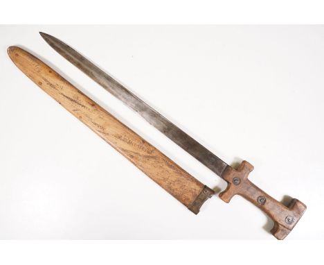 Folk art sword, 44cm steel blade with wooden grip and scabbard, 59.5cm long