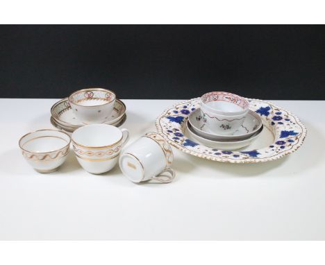 Collection of New Hall ceramics to include gilt pattern coffee and tea set including 1 x teacup and saucer, 1 x coffee can an