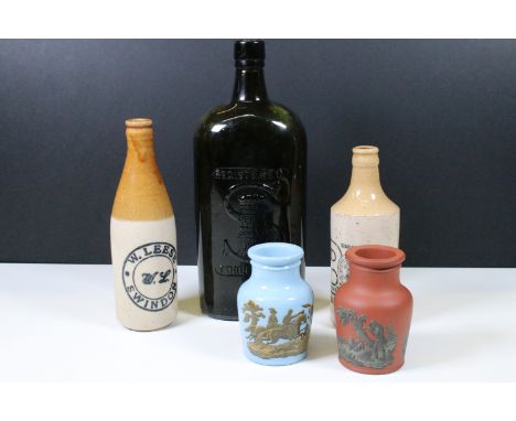 Collection of ceramics and glassware to include 2 x 1856 prattware paste pot with hunting scenes (One blue glazed and one ung