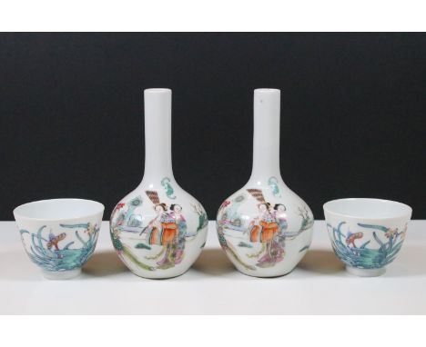 Group of Chinese porcelain to include a pair of bottle vases featuring a garden scene with mythical bird and seal marks to ba