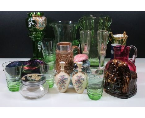 Collection of assorted ceramics to include cranberry glass jug, Victorian green glass lily of the valley enamelled vase, Art 