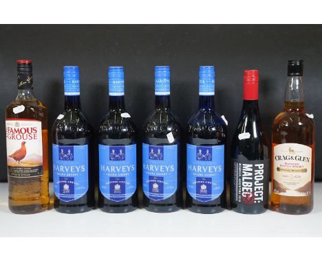 Alcohol - Seven bottles of mixed alcohol to include 4 x 1 Litre bottles of Harvey's Solera Sherry The Bristol Cream, The Famo