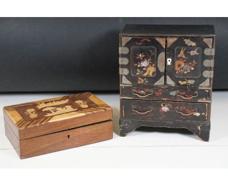 Two wooden cabinets to include Chinese black lacquered jewellery cabinet with mother of pearl inlay and inlaid Madeira wooden