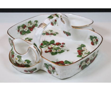 Hammersley bone china ‘Strawberry ripe ‘ strawberry dish with cream jug and sugar bowl, 26.5cm long