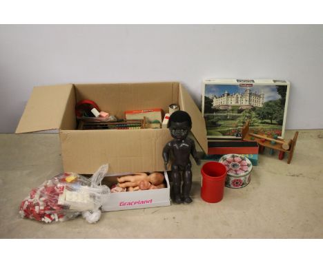 Collection of mixed toys to include rose bud dolls, dominoes, bricks, Waddingtons lexicon, abacus, etc.