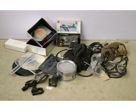 Collection of RAF collectables to include goggles, flying helmets etc. Together with aircraft piston and two models.