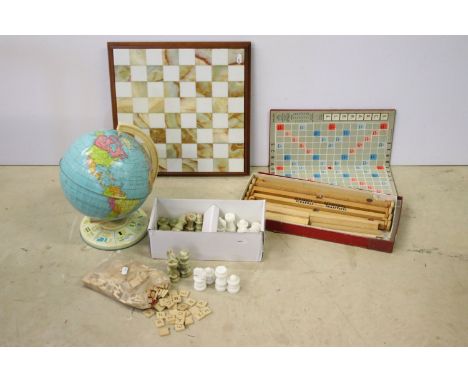 Collection of mixed collectables to include marble chess set with vintage Dutch Scrabble game and Chad Valley tin globe 