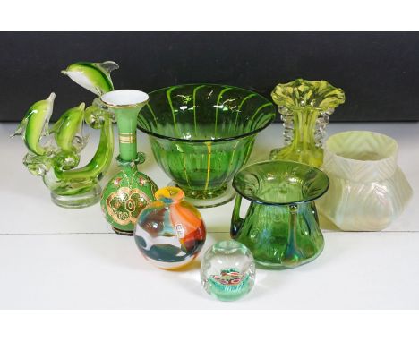 Collection of coloured glassware to include: Loetz style green glass three-handled vase 11.5cm high, multi-coloured vase of g