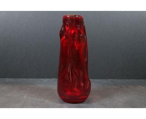 Whitefriars knobbly red glass vase designed by William Wilson &amp; Harry Dyer, pattern no. 9612, 2 4cm high
