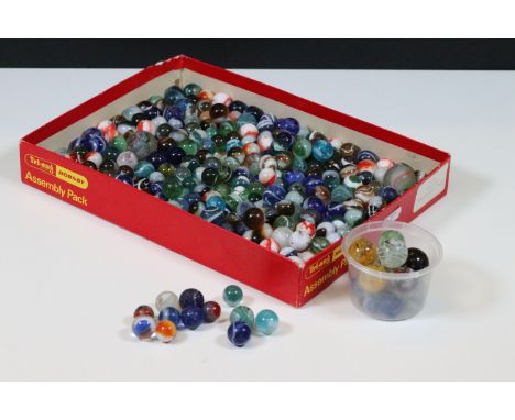 Collection of vintage glass marbles including wire-pull 