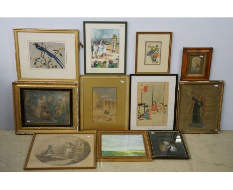 Selection of art works to include Frederick Ogilvie, Part of the Temple of Isis watercolour, oil painted Gentleman in hat, ac