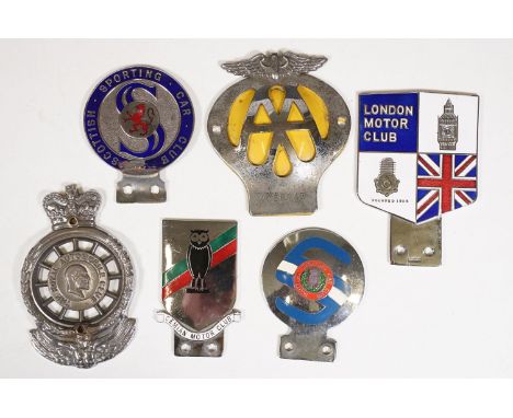 A collection of six vintage car grill badges to include AA, RAC and Scottish sporting car club examples.