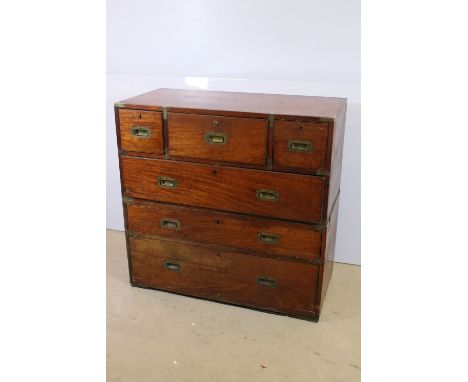 19th Century twin section mahogany campaign bureau chest of drawers, with secretaire to middle, with brass banding, inset han