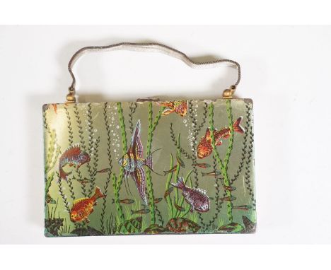 French Art Deco Flapjack powder compact vanity case, with fish decoration, Art Deco clasp and carry handle