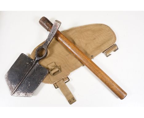WW2 entrenching tool, the shovel stamped Lucas and dated 1944 with war department arrow, with a wooden handle with canvas cov
