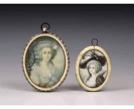 Two watercolour on ivory portrait miniatures, second half 19th century in the 18th century style, both of elegant ladies, ova
