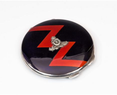 A 1940s silver & enamel powder compact - Military Interest, John William Barrett, Birmingham, 1946, of circular form with hin