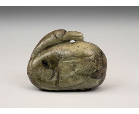 An archaic style Chinese jade carving of a duck, possibly Song Dynasty (960-1279), wax seal to underside bearing two characte