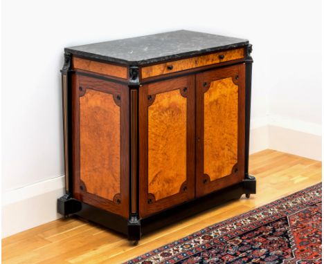 A fine quality burr amboyna, partridgewood, ebony and marble side cabinet or commode, c.1900, in the Regency Egyptian Revival