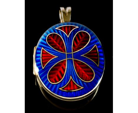 An 18ct yellow gold and enamel pendant locket, by Deakin & Francis, Birmingham 1997, the front with red and blue guilloche en