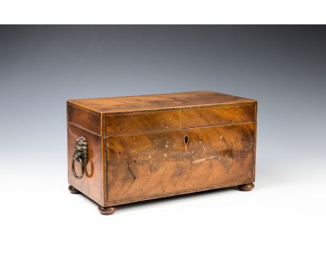 A George III banded mahogany tea caddy, rectangular with tulipwood, boxwood and ebony edge banding, brass lion mask loose rin