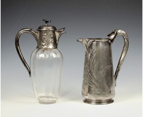 An Art Nouveau Gallia Christofle silver plate and glass claret jug, the hinged lid with flower finial on a floral decorated c