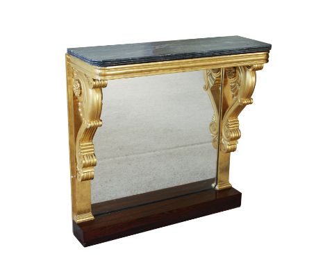 An early 19th century parcel gilt and marble console table, the grey veined marble top on parcel gilt stand with moulded frie