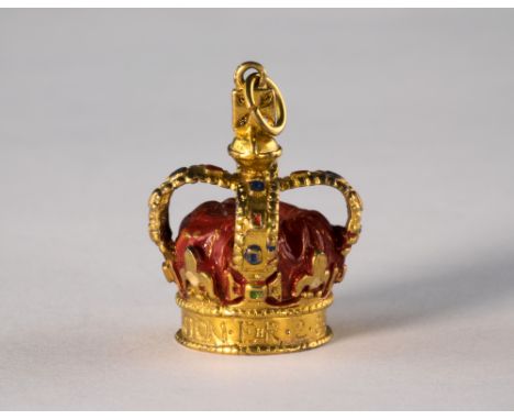 A 9ct gold and enamel 1953 Coronation charm, by A.C.Co., London, 2.4cm. high.