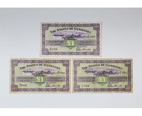 Three States of Guernsey one pound Banknotes, States of Guernsey, £1, 1 July 1955, serial number 12/V 1420; 1 June 1963, seri