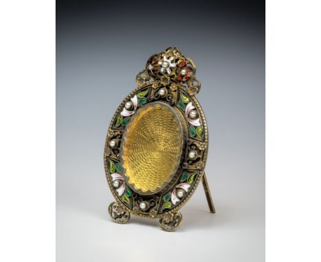 A Continental Victorian miniature silver gilt and enamel easel photo frame, marked Sterling, 925, maker's mark PV, elaboratel