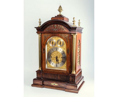 An impressive brass inlaid rosewood musical boardroom clock with triple fusee movement, late 19th century, the gilded brass a