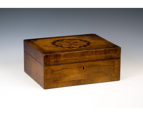 A mid-19th century walnut, kingwood and parquetry work box, rectangular form, the lid with central barbed-edge rosette in par