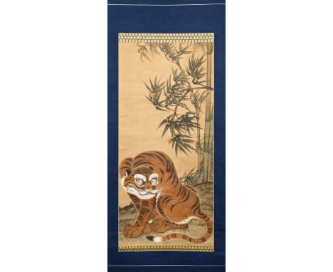 A Japanese Nagasaki School hanging scroll painting, early 19th century, watercolour on paper, mounted on blue ground silk, de