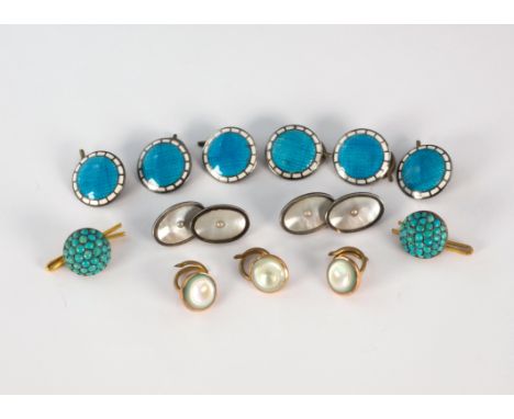 A small collection of vintage cufflinks and shirt studs, including a set of six silver and enamel studs; a pair of silver and