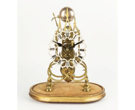 A brass skeleton clock with single fusee movement, late 19th century, unsigned, eight day, passing strike on a bell, the pier