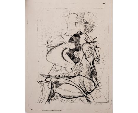 Robert Colquhoun (Scottish, 1914-1962), Cornish Woman and Goat, black and white monotype on wove, signed lower right in penci