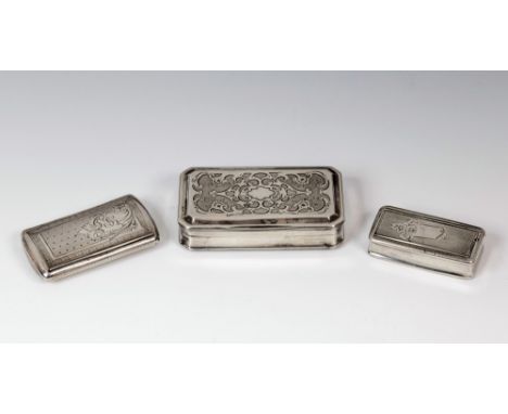 Three French silver snuff boxes, 19th century, the largest, of rectangular form with incurved sides, the hinged cover with en