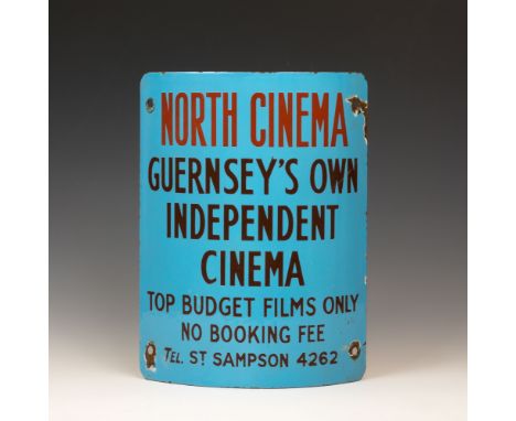 A rare North Cinema Guernsey enamel sign - Channel Island interest, rare curved enamel advertising sign 'North Cinema Guernse